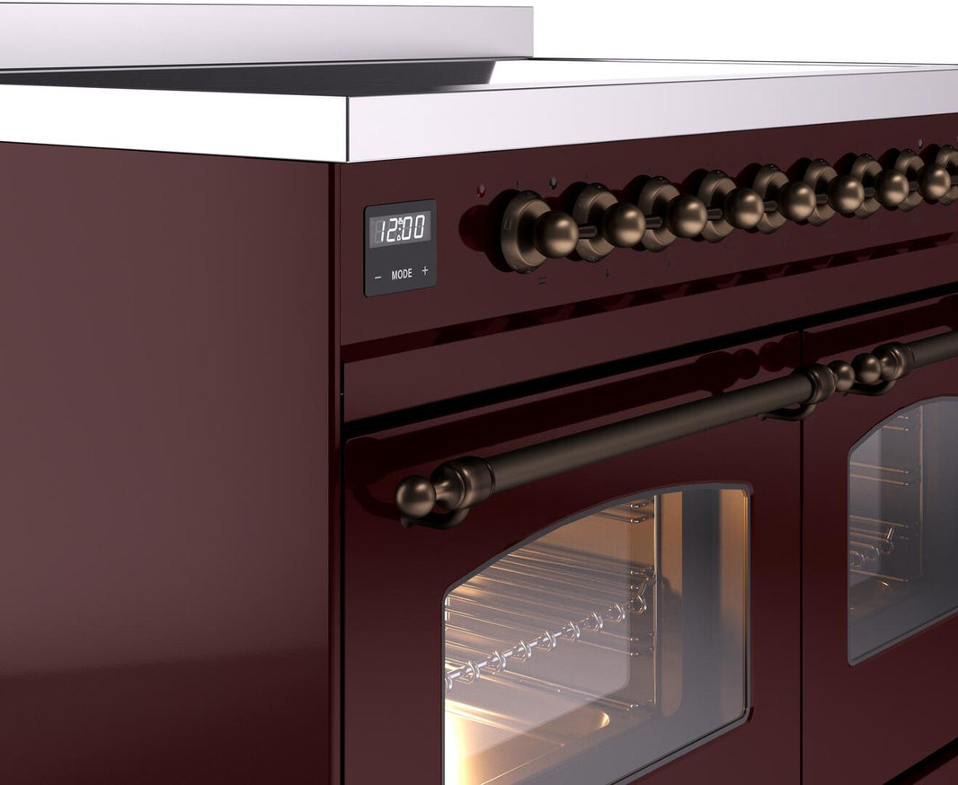 ILVE Nostalgie II 40-Inch Freestanding Electric Induction Range in Burgundy with Bronze Trim (UPDI406NMPBUB)