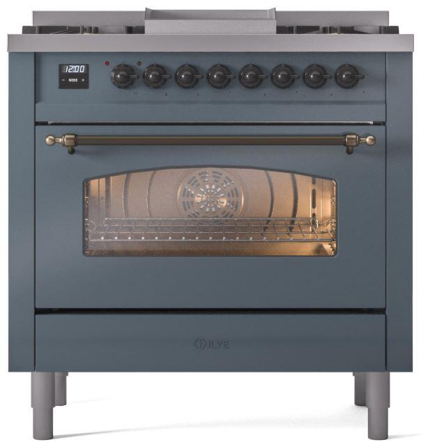 ILVE Nostalgie II 36-Inch Dual Fuel Freestanding Range in Blue Grey with Bronze Trim (UP36FNMPBGB)