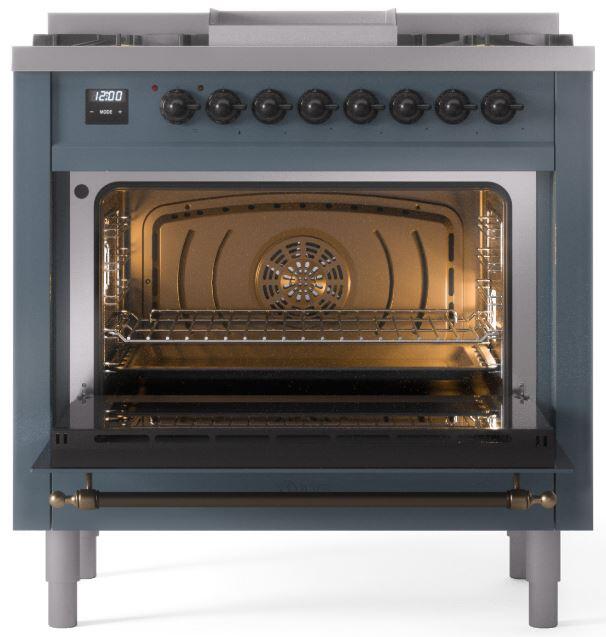 ILVE Nostalgie II 36-Inch Dual Fuel Freestanding Range in Blue Grey with Bronze Trim (UP36FNMPBGB)