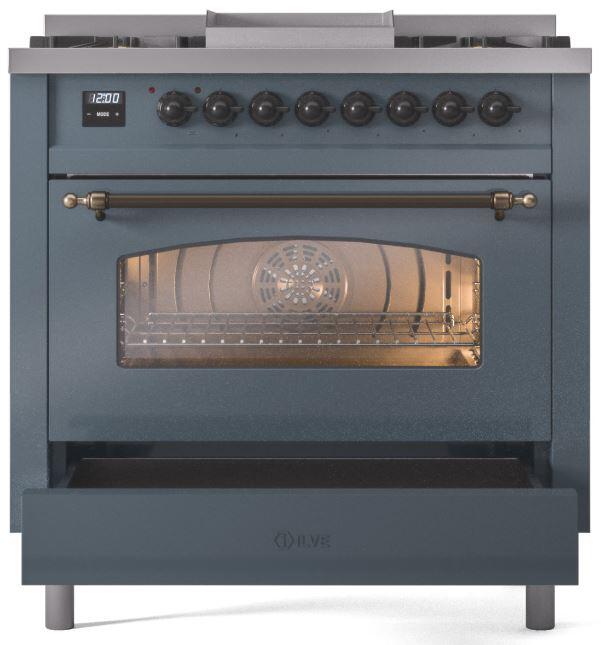 ILVE Nostalgie II 36-Inch Dual Fuel Freestanding Range in Blue Grey with Bronze Trim (UP36FNMPBGB)