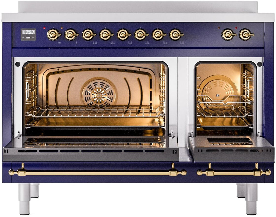 ILVE Nostalgie II 48-Inch Freestanding Electric Induction Range in Midnight Blue with Brass Trim (UPI486NMPMBG)