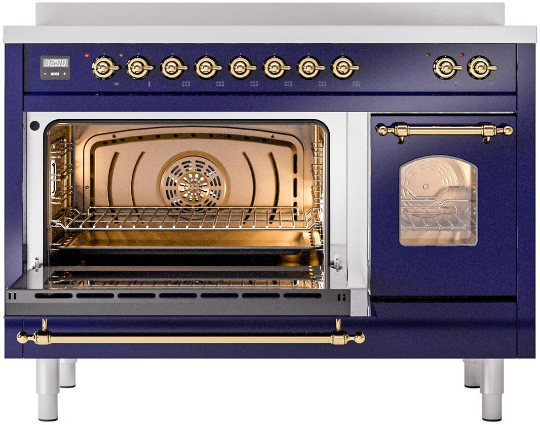 ILVE Nostalgie II 48-Inch Freestanding Electric Induction Range in Midnight Blue with Brass Trim (UPI486NMPMBG)