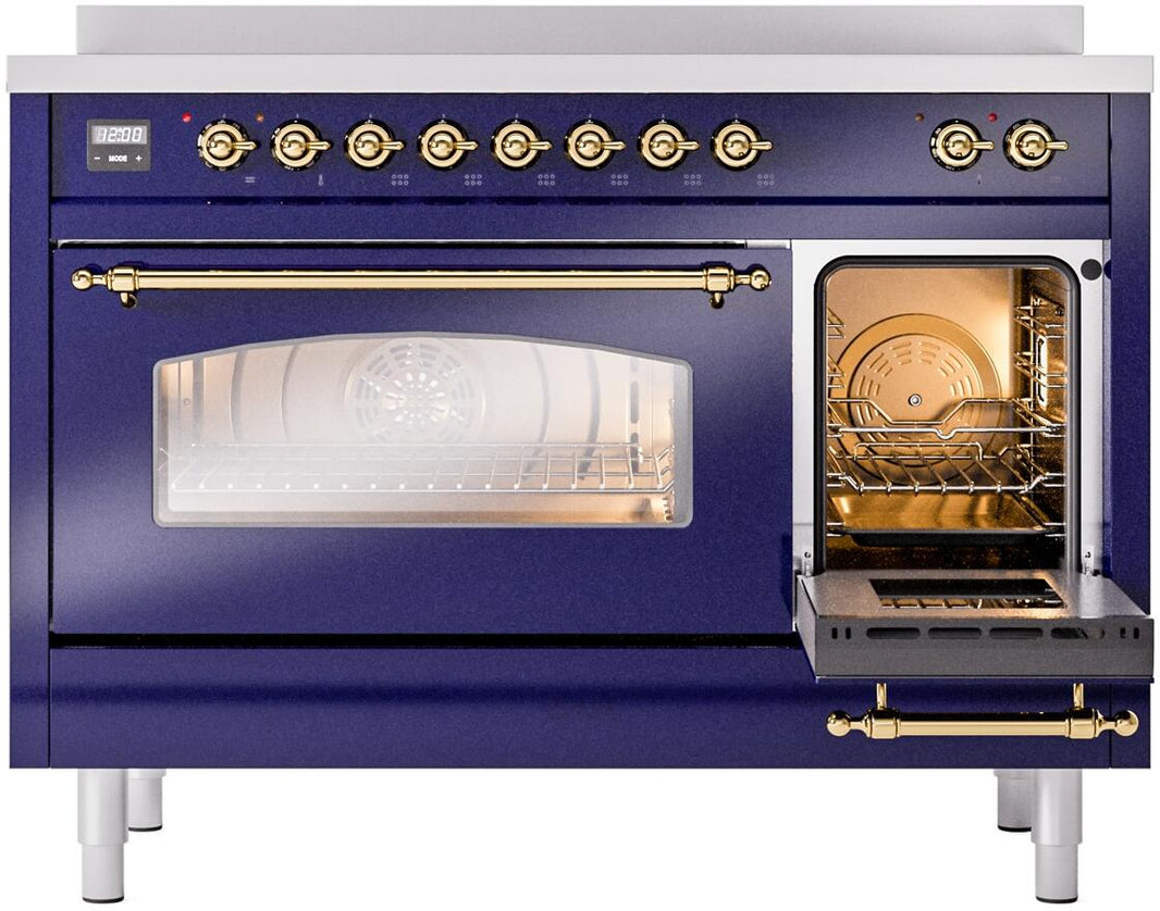 ILVE Nostalgie II 48-Inch Freestanding Electric Induction Range in Midnight Blue with Brass Trim (UPI486NMPMBG)