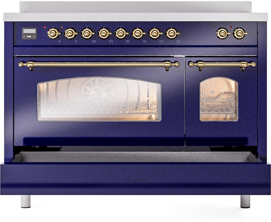 ILVE Nostalgie II 48-Inch Freestanding Electric Induction Range in Midnight Blue with Brass Trim (UPI486NMPMBG)