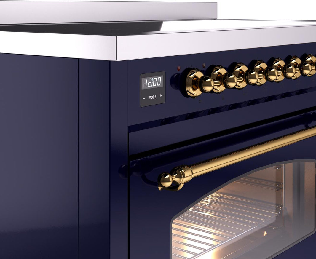 ILVE Nostalgie II 48-Inch Freestanding Electric Induction Range in Midnight Blue with Brass Trim (UPI486NMPMBG)