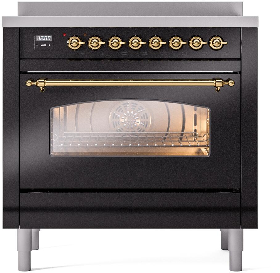 ILVE Nostalgie II 36-Inch Freestanding Electric Induction Range in Glossy Black with Brass Trim (UPI366NMPBKG)