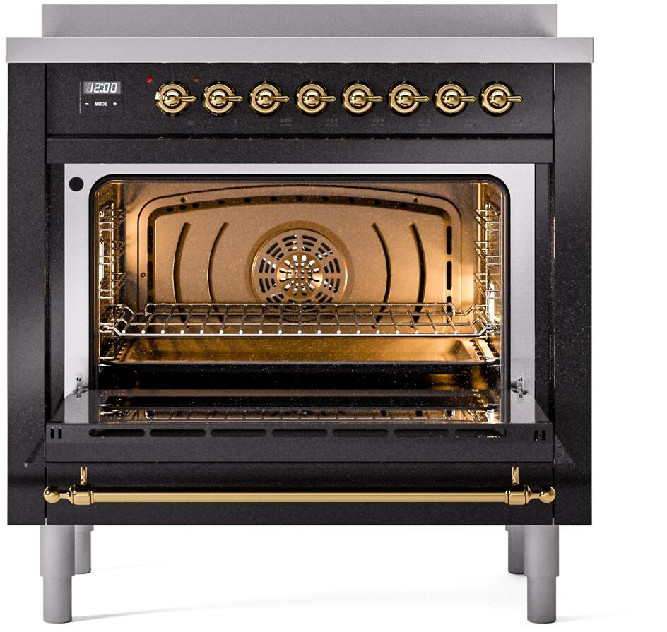 ILVE Nostalgie II 36-Inch Freestanding Electric Induction Range in Glossy Black with Brass Trim (UPI366NMPBKG)