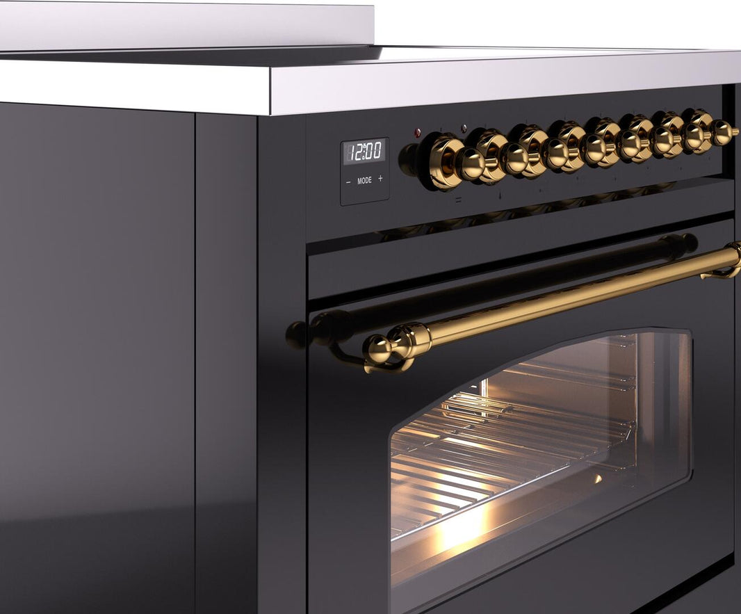 ILVE Nostalgie II 36-Inch Freestanding Electric Induction Range in Glossy Black with Brass Trim (UPI366NMPBKG)