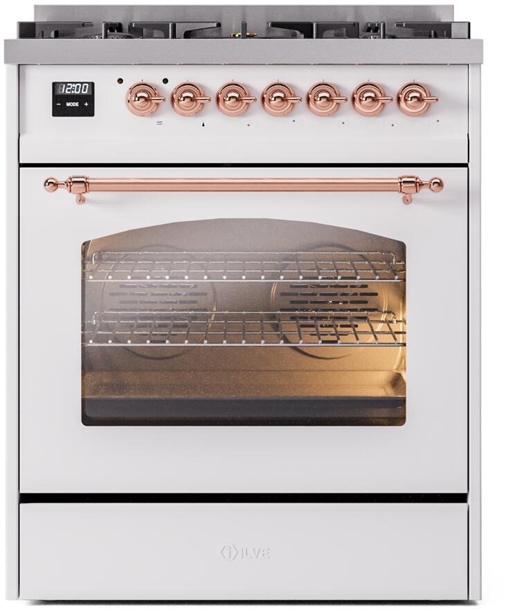 ILVE Nostalgie II 30-Inch Dual Fuel Freestanding Range in White with Copper Trim (UP30NMPWHP)