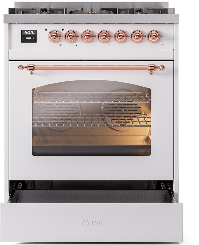 ILVE Nostalgie II 30-Inch Dual Fuel Freestanding Range in White with Copper Trim (UP30NMPWHP)