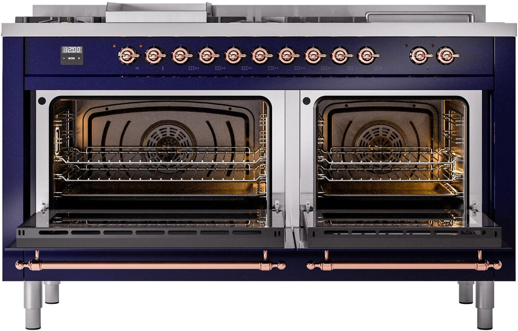 ILVE Nostalgie II 60-Inch Dual Fuel Freestanding Range in Midnight Blue with Copper Trim (UP60FSNMPMBP)