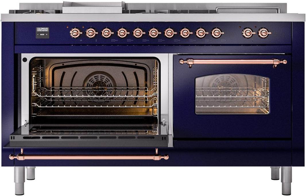 ILVE Nostalgie II 60-Inch Dual Fuel Freestanding Range in Midnight Blue with Copper Trim (UP60FSNMPMBP)