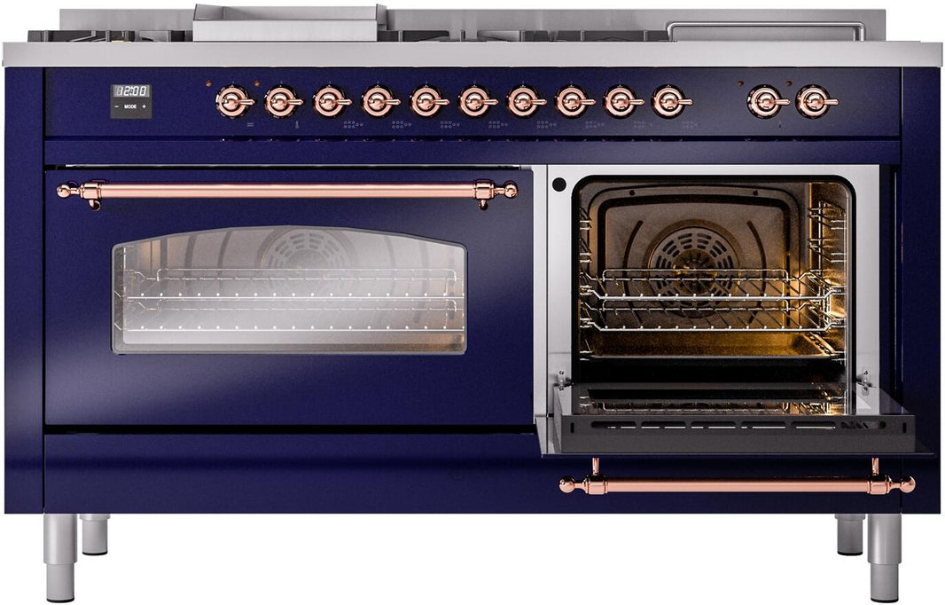 ILVE Nostalgie II 60-Inch Dual Fuel Freestanding Range in Midnight Blue with Copper Trim (UP60FSNMPMBP)