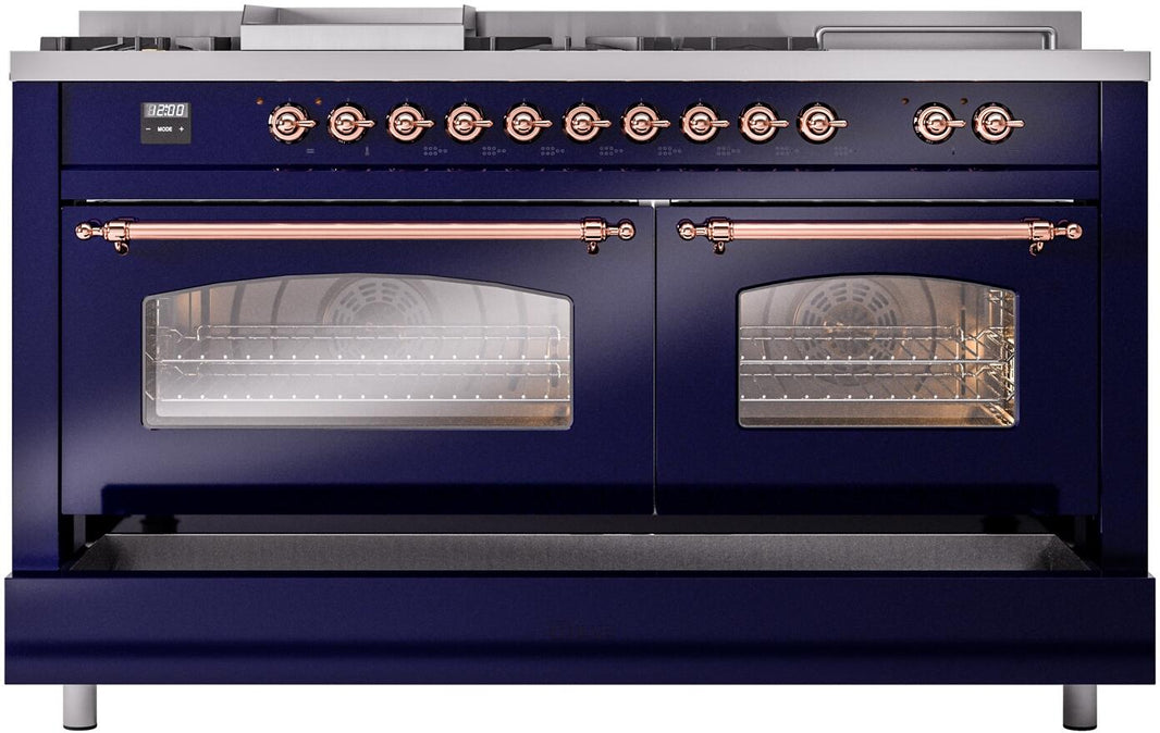 ILVE Nostalgie II 60-Inch Dual Fuel Freestanding Range in Midnight Blue with Copper Trim (UP60FSNMPMBP)