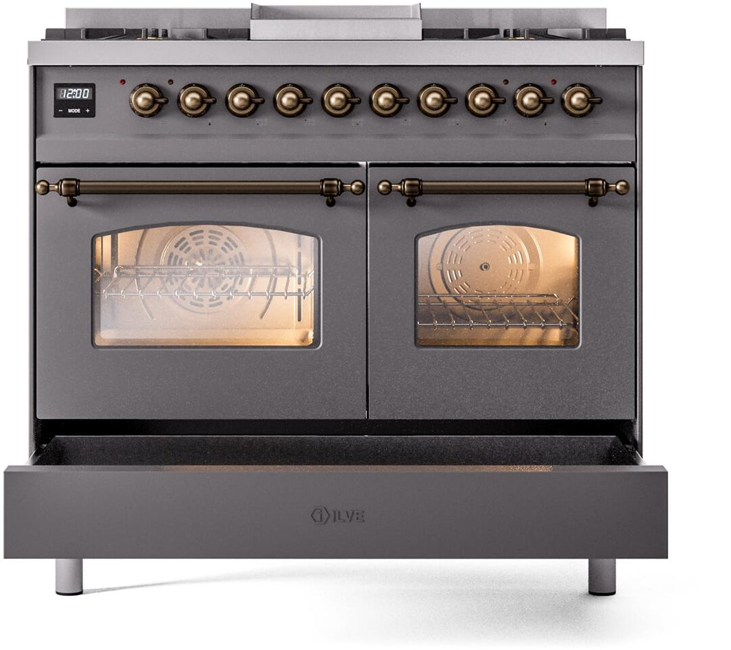 ILVE Nostalgie II 40-Inch Dual Fuel Freestanding Range in Matte Graphite with Bronze Trim (UPD40FNMPMGB)