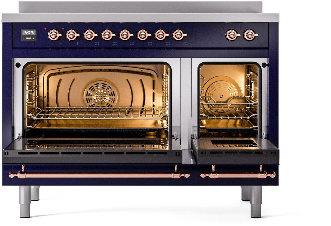 ILVE Nostalgie II 48-Inch Freestanding Electric Induction Range in Midnight Blue with Copper Trim (UPI486NMPMBP)