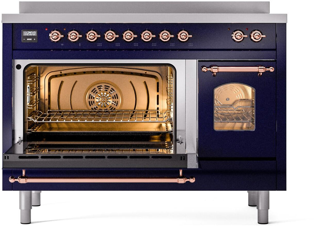 ILVE Nostalgie II 48-Inch Freestanding Electric Induction Range in Midnight Blue with Copper Trim (UPI486NMPMBP)