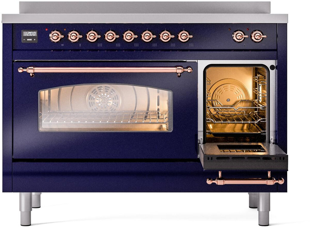 ILVE Nostalgie II 48-Inch Freestanding Electric Induction Range in Midnight Blue with Copper Trim (UPI486NMPMBP)