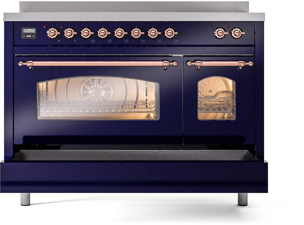 ILVE Nostalgie II 48-Inch Freestanding Electric Induction Range in Midnight Blue with Copper Trim (UPI486NMPMBP)