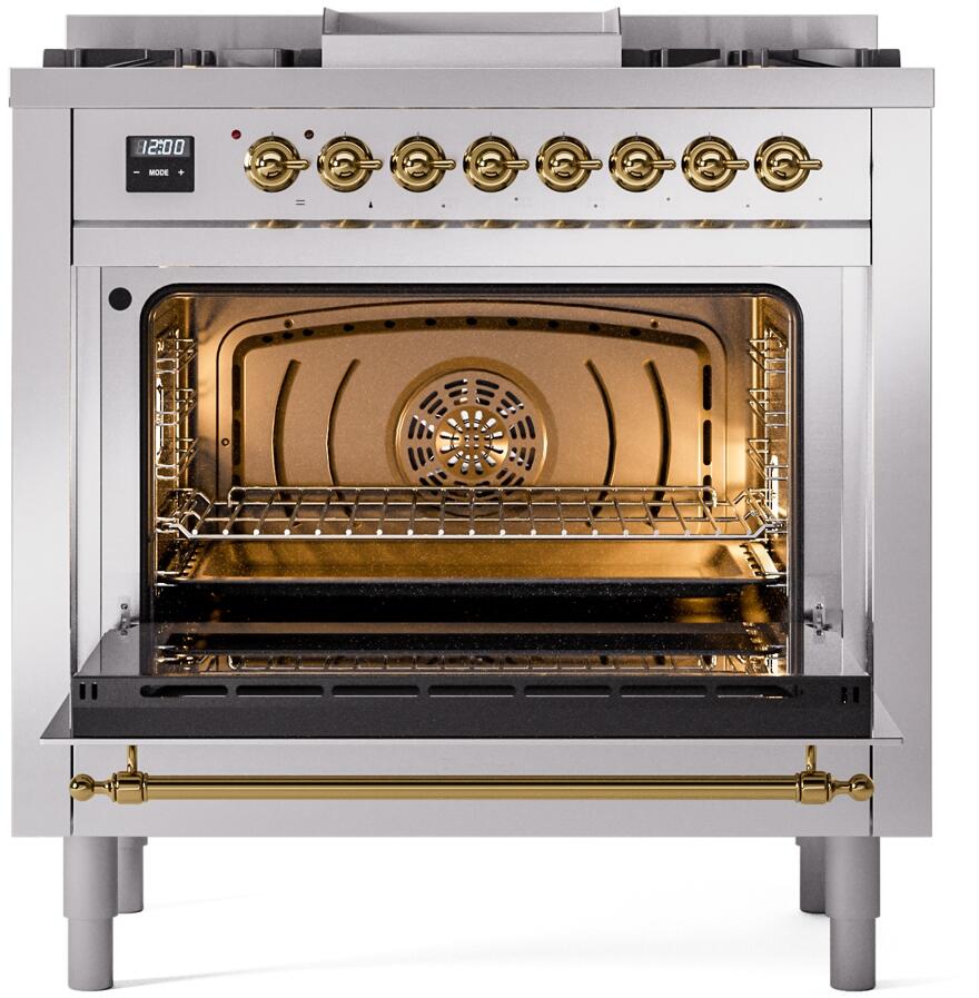 ILVE Nostalgie II 36-Inch Dual Fuel Freestanding Range in Stainless Steel with Brass Trim (UP36FNMPSSG)