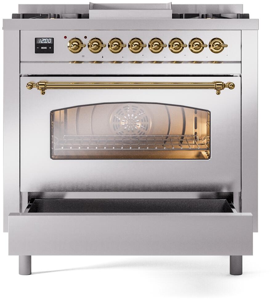 ILVE Nostalgie II 36-Inch Dual Fuel Freestanding Range in Stainless Steel with Brass Trim (UP36FNMPSSG)