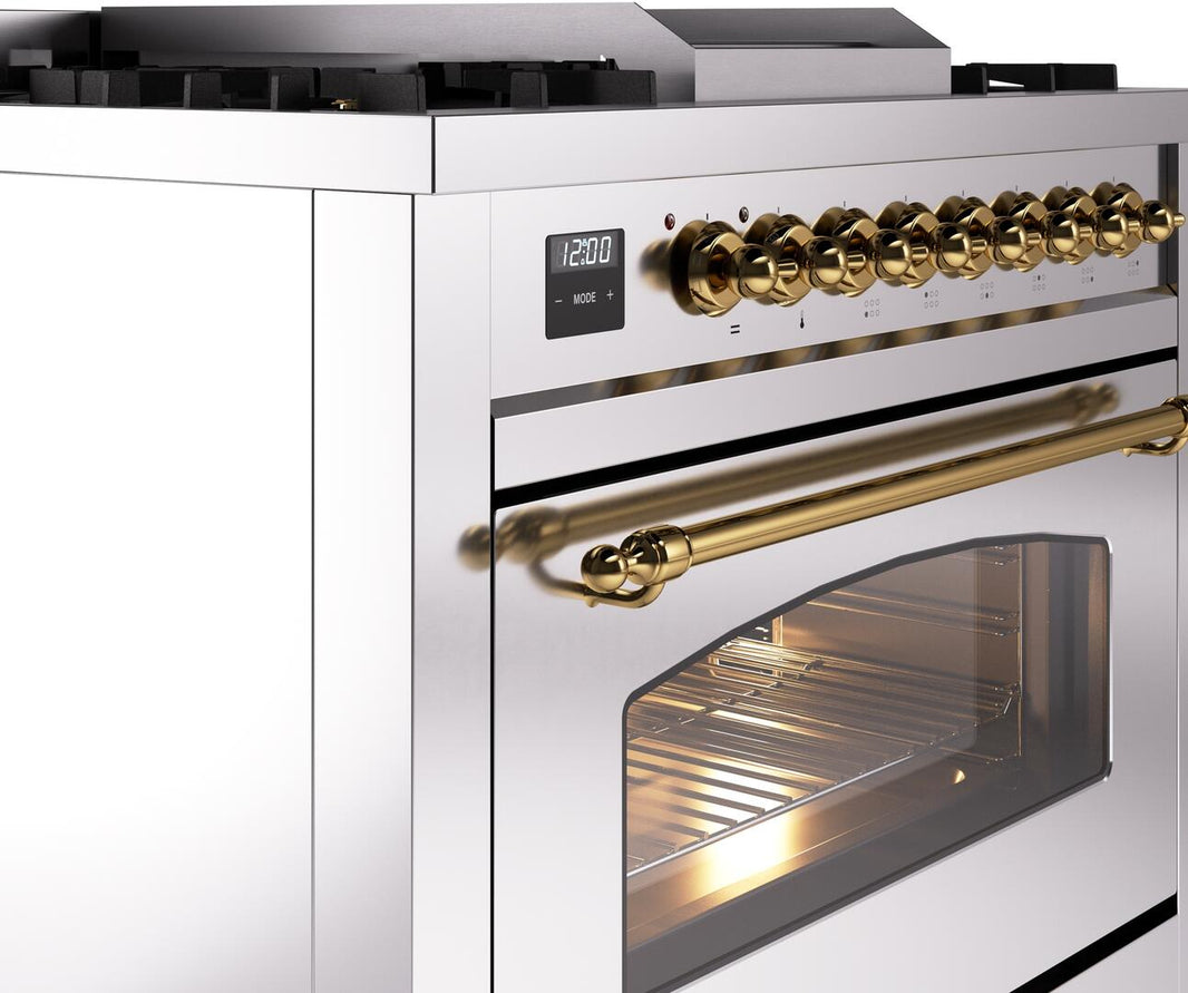 ILVE Nostalgie II 36-Inch Dual Fuel Freestanding Range in Stainless Steel with Brass Trim (UP36FNMPSSG)