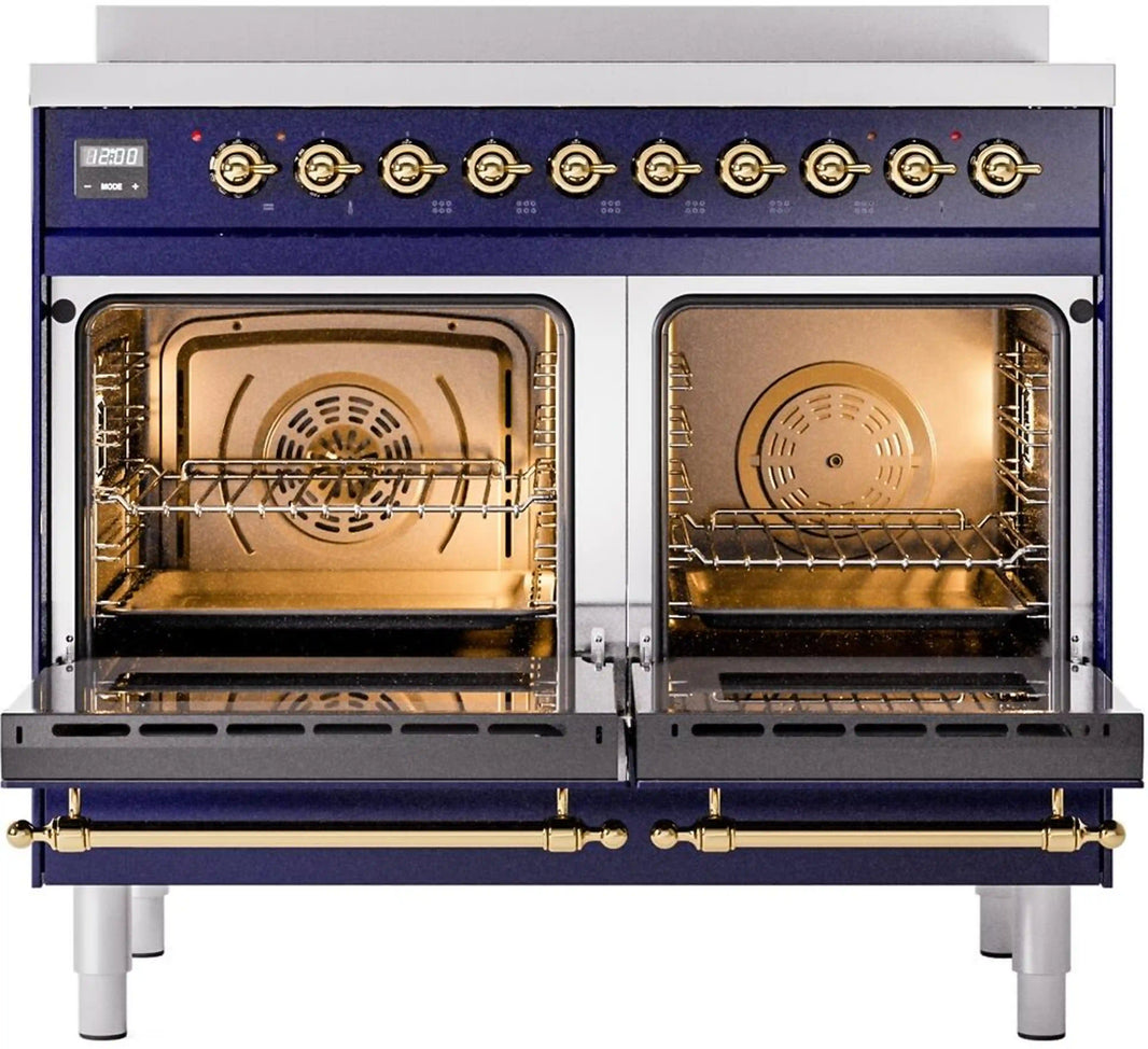 ILVE Nostalgie II 40-Inch Freestanding Electric Induction Range in Midnight Blue with Brass Trim (UPDI406NMPMBG)