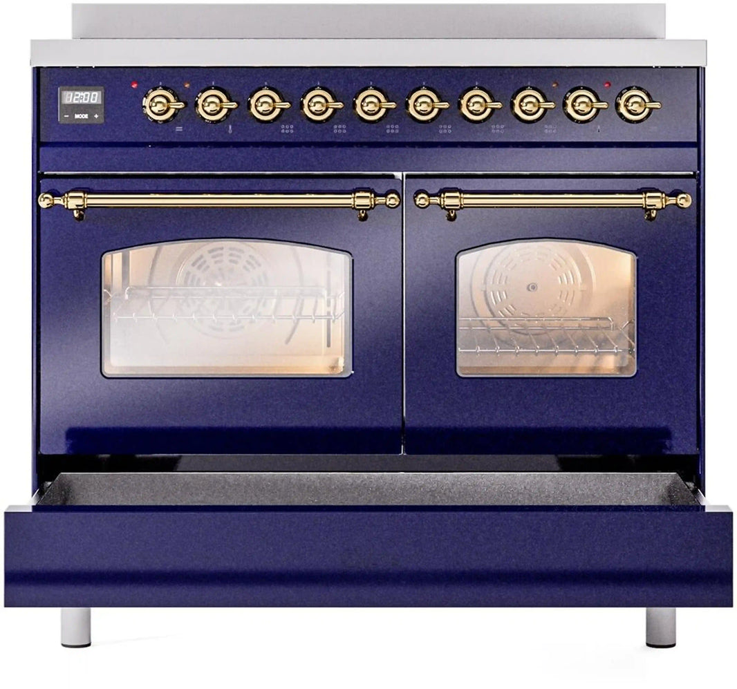 ILVE Nostalgie II 40-Inch Freestanding Electric Induction Range in Midnight Blue with Brass Trim (UPDI406NMPMBG)