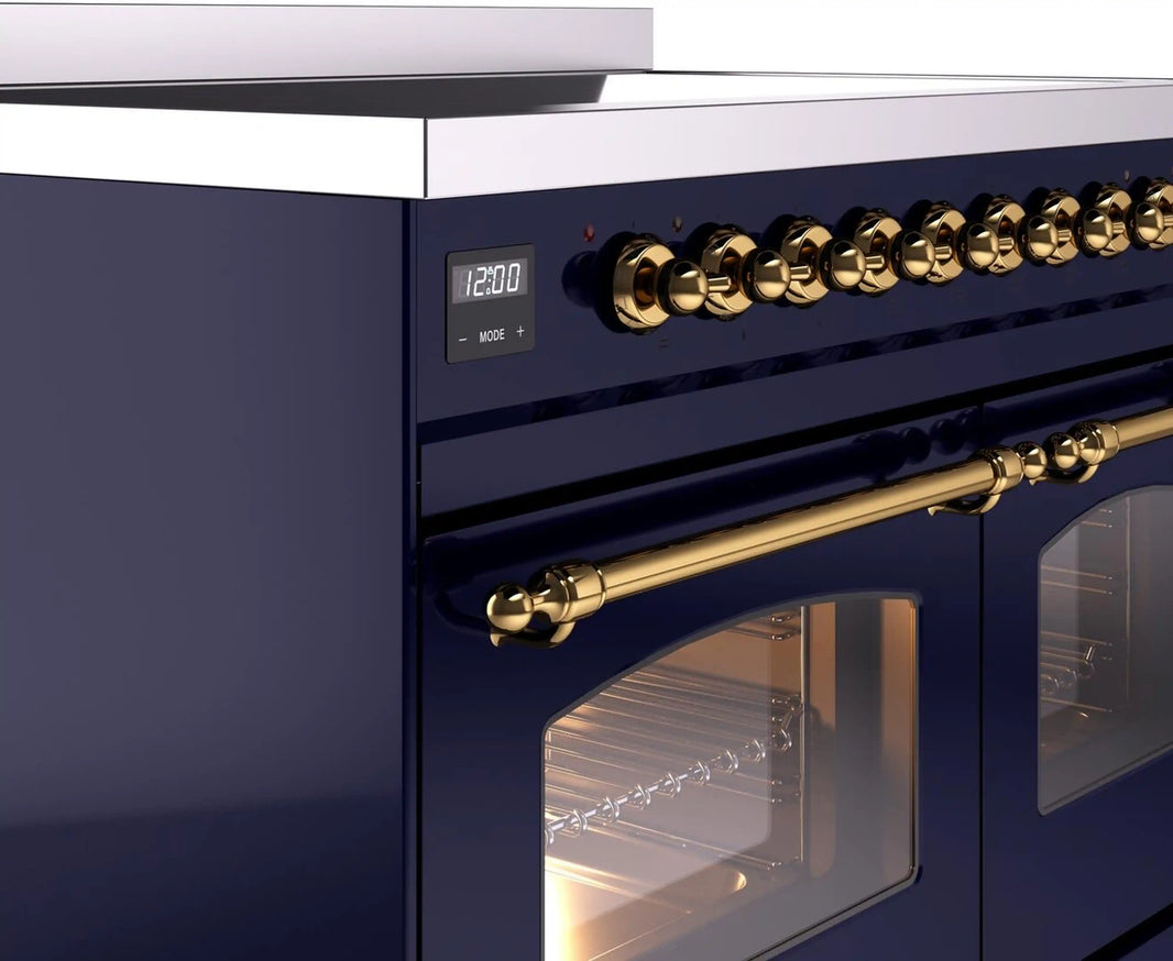 ILVE Nostalgie II 40-Inch Freestanding Electric Induction Range in Midnight Blue with Brass Trim (UPDI406NMPMBG)