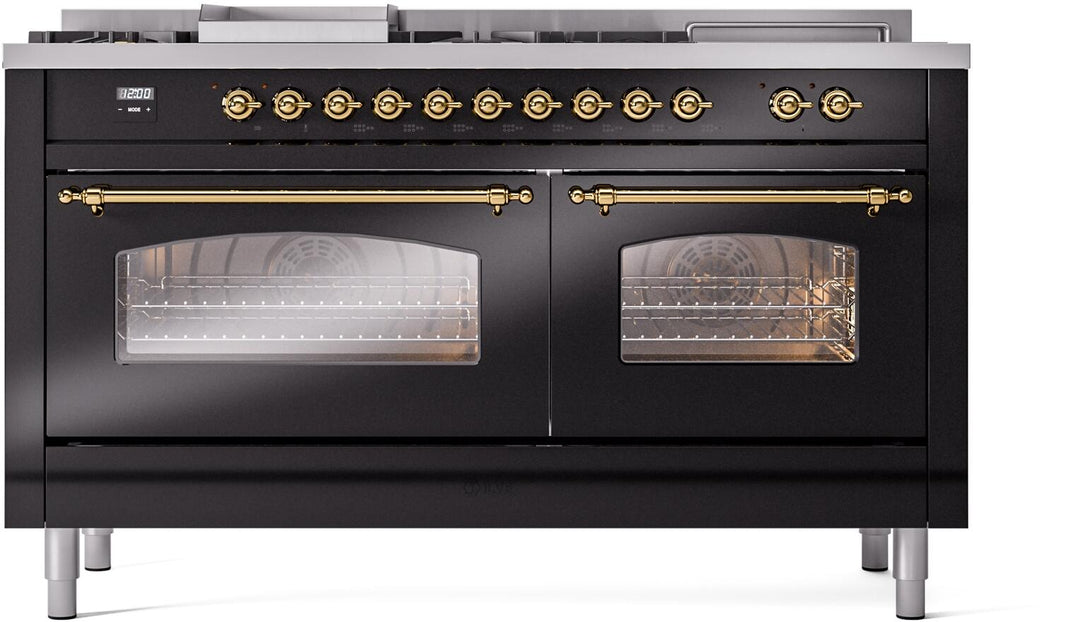 ILVE Nostalgie II 60-Inch Dual Fuel Freestanding Range in Glossy Black with Brass Trim (UP60FSNMPBKG)