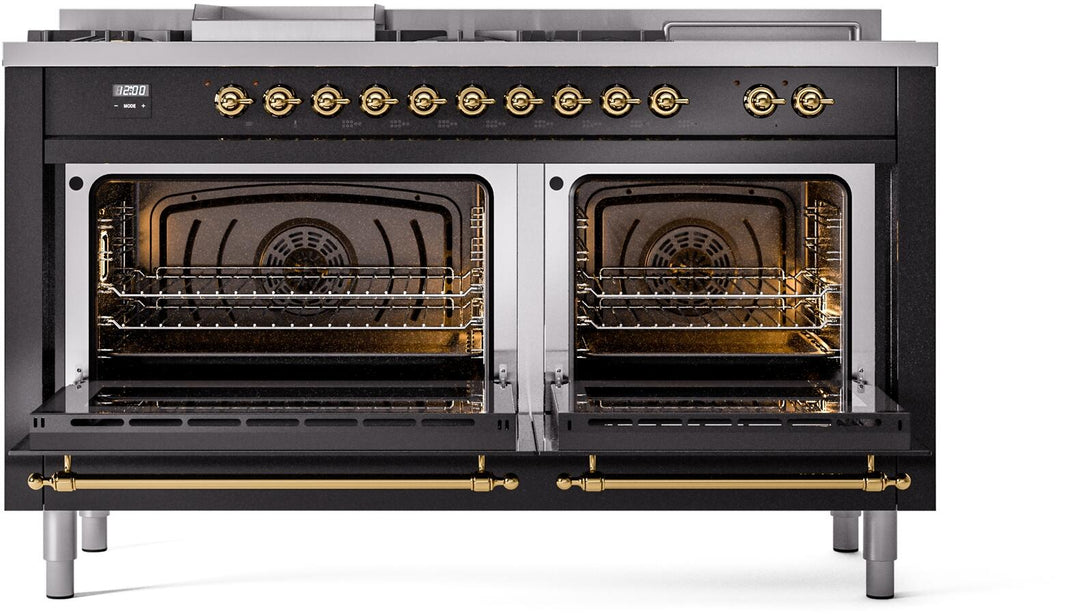 ILVE Nostalgie II 60-Inch Dual Fuel Freestanding Range in Glossy Black with Brass Trim (UP60FSNMPBKG)