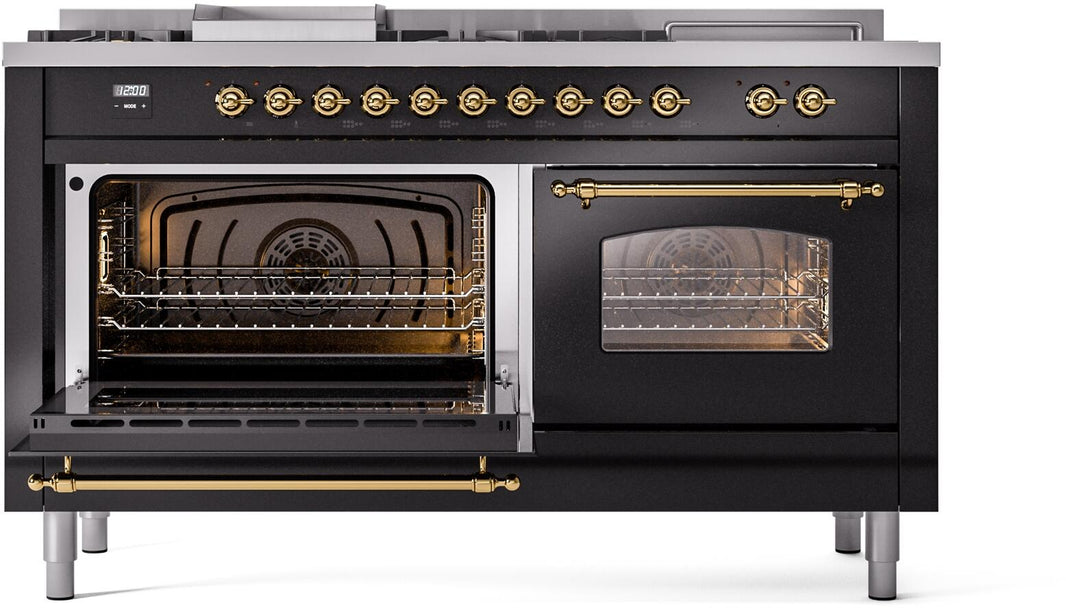 ILVE Nostalgie II 60-Inch Dual Fuel Freestanding Range in Glossy Black with Brass Trim (UP60FSNMPBKG)