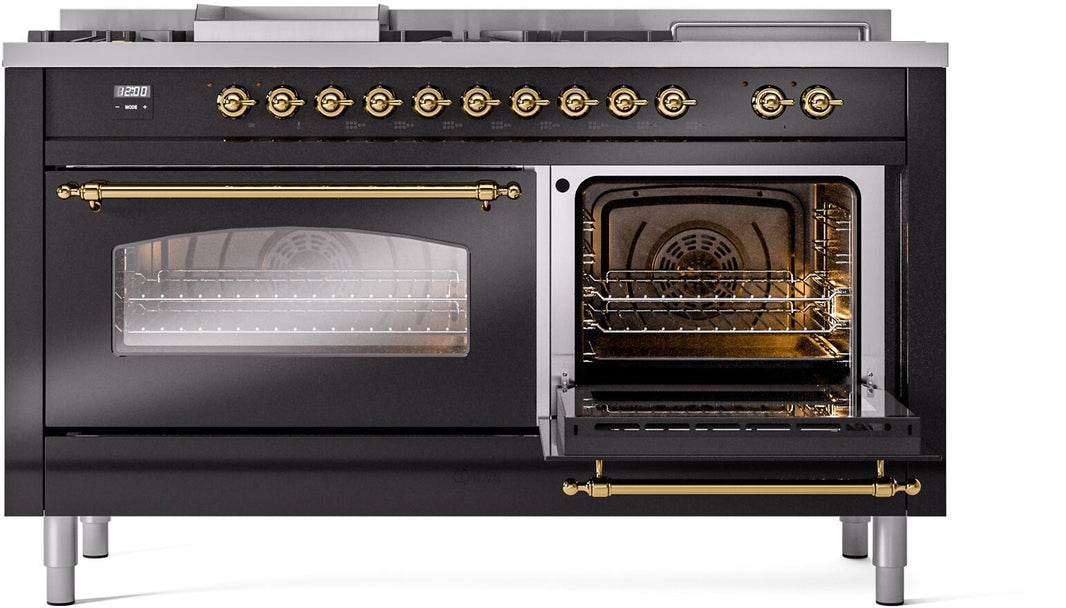 ILVE Nostalgie II 60-Inch Dual Fuel Freestanding Range in Glossy Black with Brass Trim (UP60FSNMPBKG)