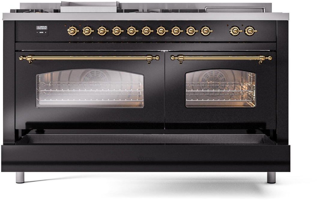 ILVE Nostalgie II 60-Inch Dual Fuel Freestanding Range in Glossy Black with Brass Trim (UP60FSNMPBKG)