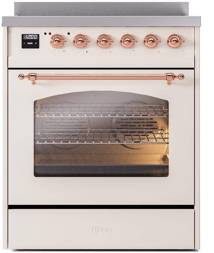 ILVE Nostalgie II 30-Inch Freestanding Electric Induction Range in Antique White with Copper Trim (UPI304NMPAWP)