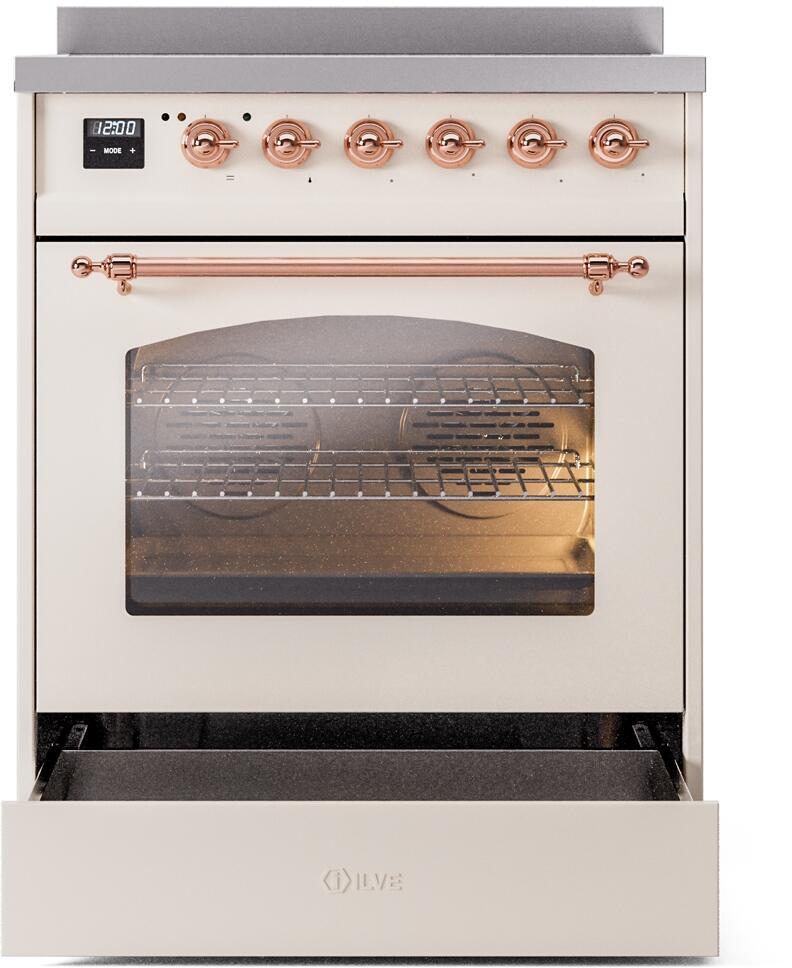 ILVE Nostalgie II 30-Inch Freestanding Electric Induction Range in Antique White with Copper Trim (UPI304NMPAWP)