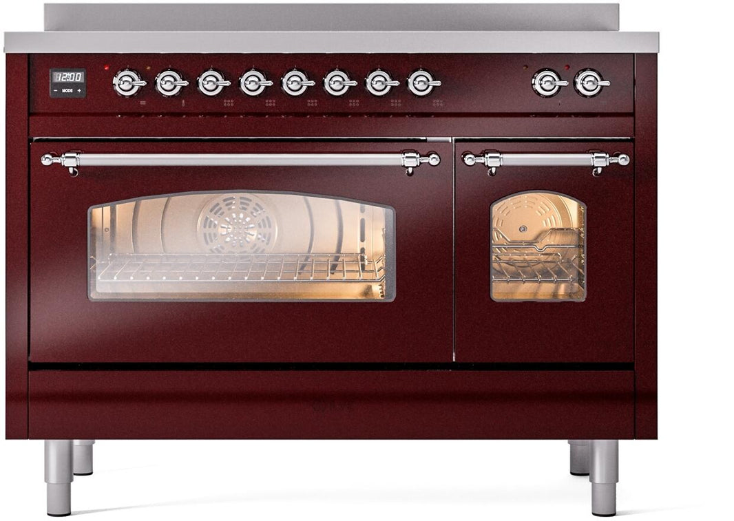 ILVE Nostalgie II 48-Inch Freestanding Electric Induction Range in Burgundy with Chrome Trim (UPI486NMPBUC)