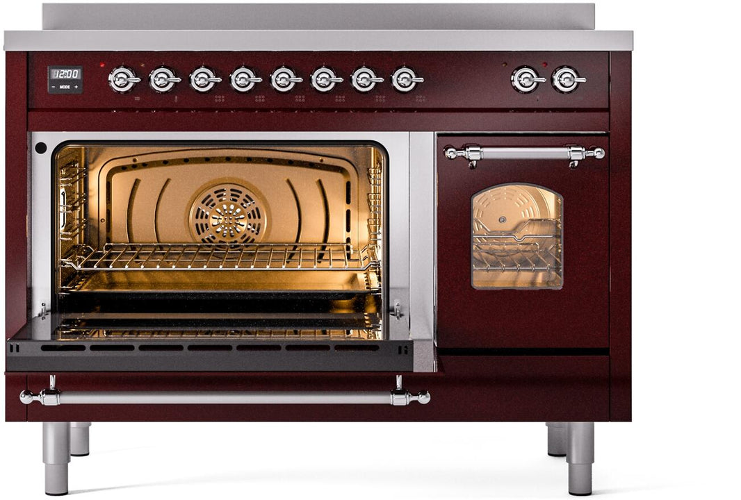 ILVE Nostalgie II 48-Inch Freestanding Electric Induction Range in Burgundy with Chrome Trim (UPI486NMPBUC)