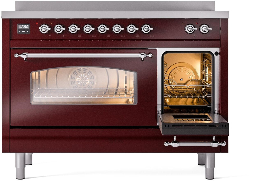 ILVE Nostalgie II 48-Inch Freestanding Electric Induction Range in Burgundy with Chrome Trim (UPI486NMPBUC)