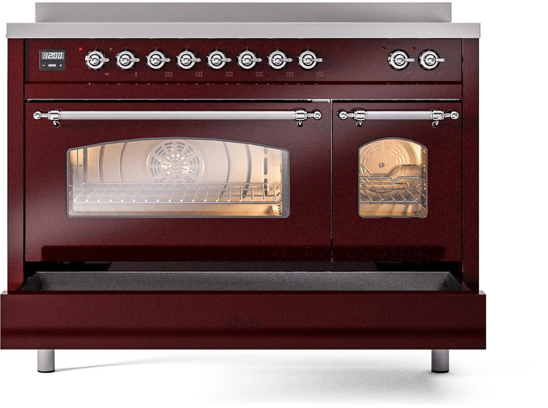 ILVE Nostalgie II 48-Inch Freestanding Electric Induction Range in Burgundy with Chrome Trim (UPI486NMPBUC)