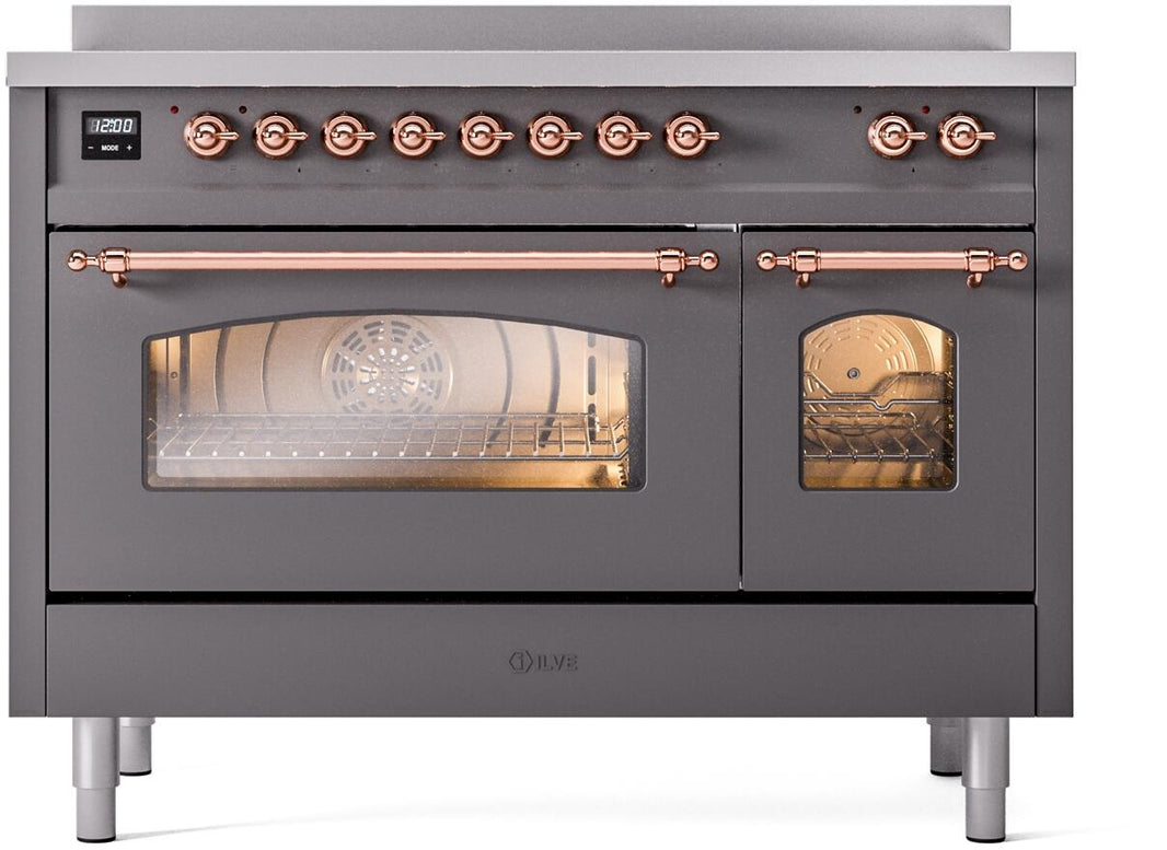 ILVE Nostalgie II 48-Inch Freestanding Electric Induction Range in Matte Graphite with Copper Trim (UPI486NMPMGP)