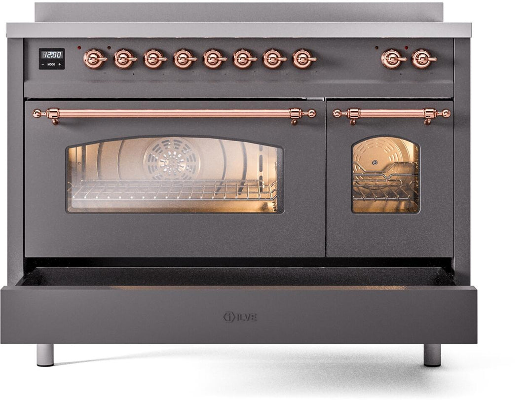 ILVE Nostalgie II 48-Inch Freestanding Electric Induction Range in Matte Graphite with Copper Trim (UPI486NMPMGP)