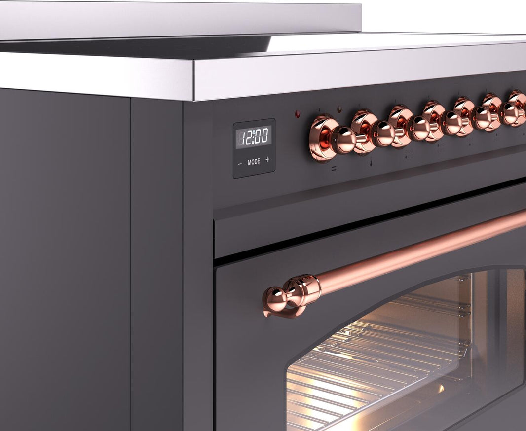 ILVE Nostalgie II 48-Inch Freestanding Electric Induction Range in Matte Graphite with Copper Trim (UPI486NMPMGP)