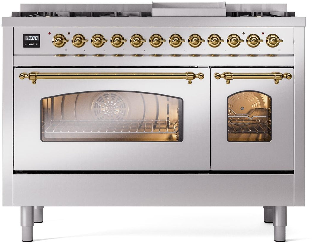 ILVE Nostalgie II 48-Inch Dual Fuel Freestanding Range in Stainless Steel with Brass Trim (UP48FNMPSSG)