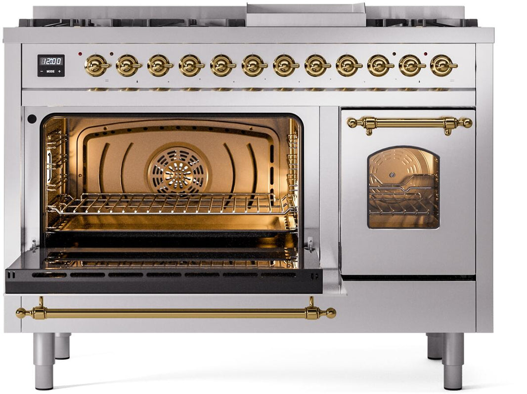 ILVE Nostalgie II 48-Inch Dual Fuel Freestanding Range in Stainless Steel with Brass Trim (UP48FNMPSSG)