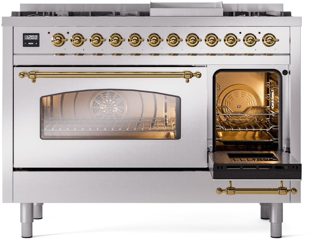 ILVE Nostalgie II 48-Inch Dual Fuel Freestanding Range in Stainless Steel with Brass Trim (UP48FNMPSSG)