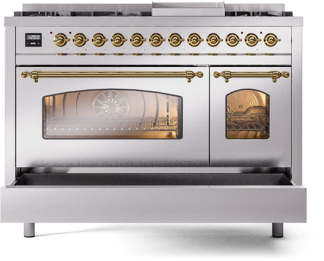 ILVE Nostalgie II 48-Inch Dual Fuel Freestanding Range in Stainless Steel with Brass Trim (UP48FNMPSSG)