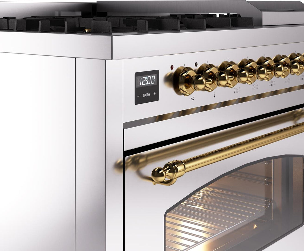 ILVE Nostalgie II 48-Inch Dual Fuel Freestanding Range in Stainless Steel with Brass Trim (UP48FNMPSSG)