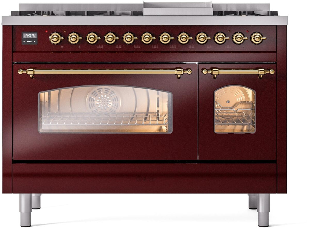 ILVE Nostalgie II 48-Inch Dual Fuel Freestanding Range in Burgundy with Brass Trim (UP48FNMPBUG)