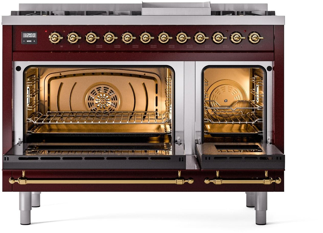 ILVE Nostalgie II 48-Inch Dual Fuel Freestanding Range in Burgundy with Brass Trim (UP48FNMPBUG)